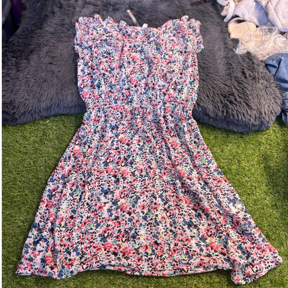 Lauren Conrad Floral Dress Smocked Waist Ruffle Trim Multicolor Summer